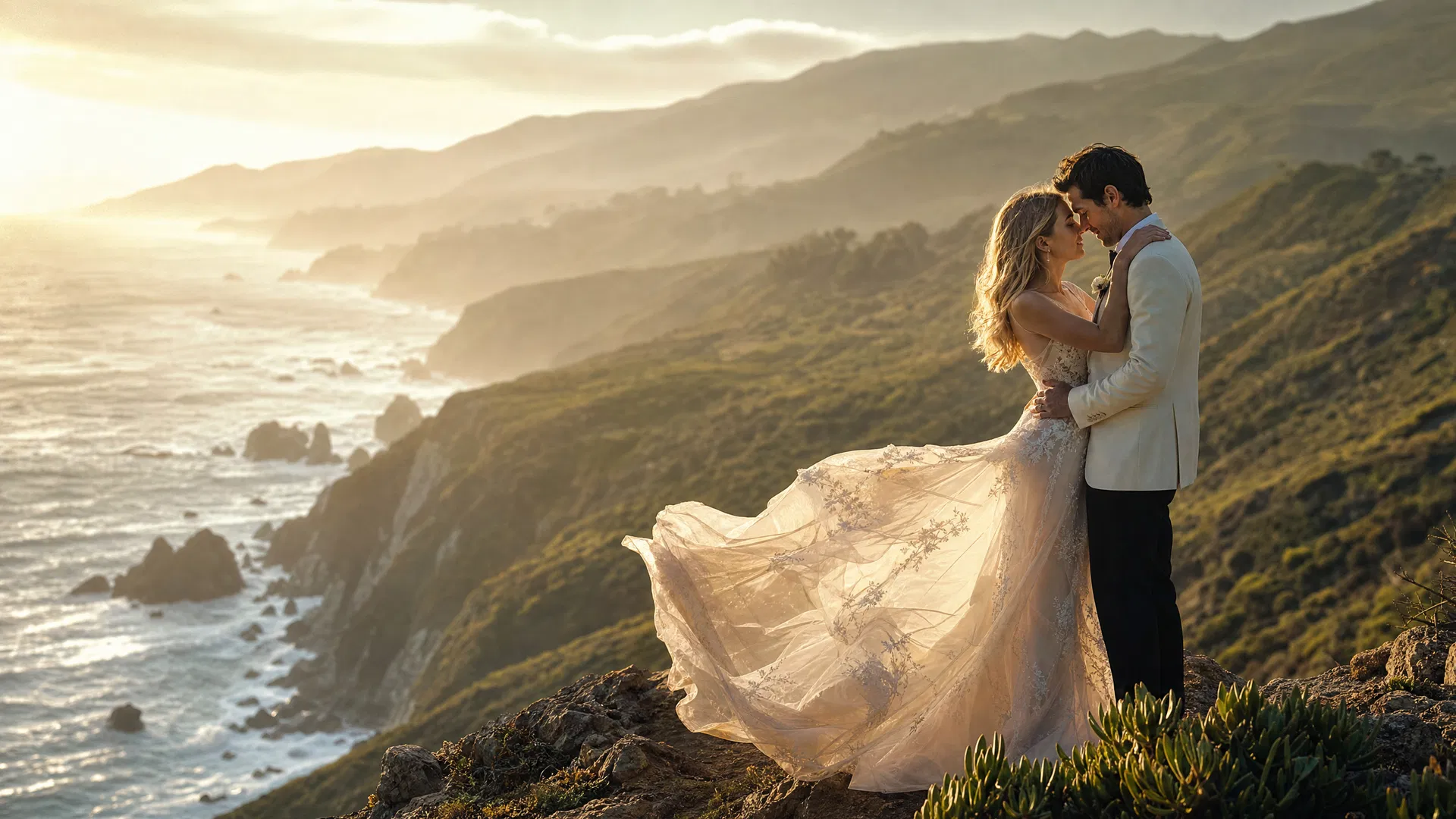 海岸黄金时刻的旅拍婚纱商业作品